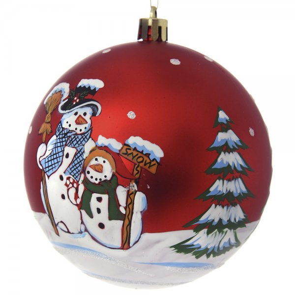 Χριστουγενιάτικη Μπάλα Κόκκινη Ματ, με Χιονάνθρωπους (8cm)